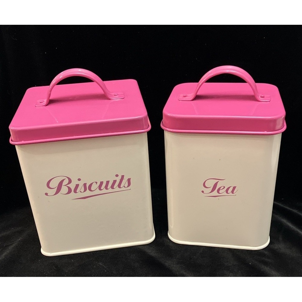 Retro Metal Square Biscuits & Tea Canister Set Off-White w/ Hot Pink Lids Dorm